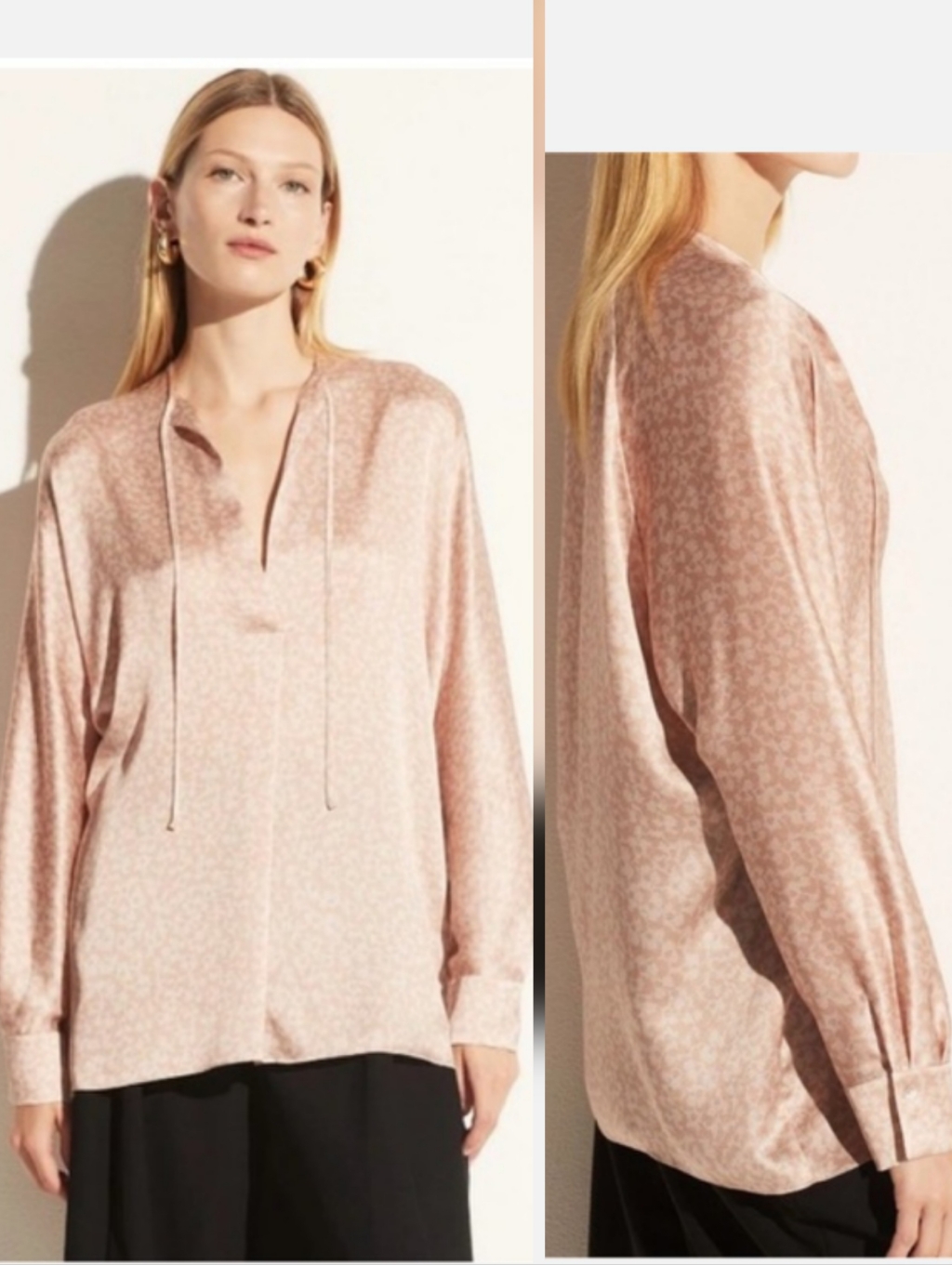 Vince Feathered Petal Silk Floral Blouse Tie Neck